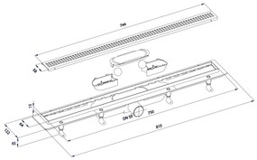 Polysan, INDY sprchový kanálik s nerezovým roštom, superflow, DN50, 810x122x65 mm, 73651