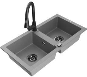 Mexen Mario, 2-komorový granitový drez 820x436x161 mm a drezová batéria Elia, šedá, 6504-71-670101-70-B