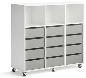 Študentská úložná skrinka CASPER, 12 zásuviek, 3 horné priehradky, biela, šedá
