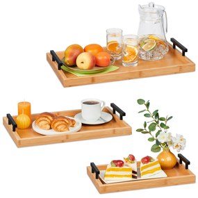 Sada 3 ks bambusových servírovacích podnosov s kovovými úchytmi Relaxdays (RD10046255)