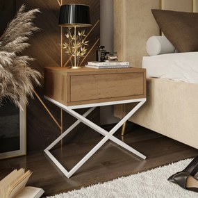 NOČNÝ STOLÍK EDWARD X DUB WOTAN + BIELY OCEĽOVÝ PODSTAVEC