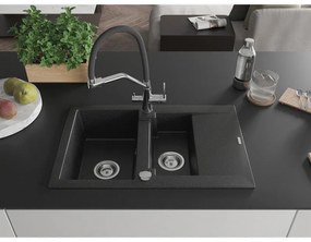 Mexen Gaspar, granitový drez 737x475x177 mm, 1,5-komorový a drezová batéria Duo, čierna-strieborná metalíza, 6507-73-671701-07