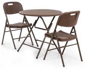 Posedenie Burgos stôl + 2 stoličky oceľové trubky HDPE imitácia ratanu sklápateľné