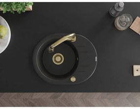 Mexen Kevin, 1-komorový granitový drez 586x458x190 mm a drezová batéria Elia, čierna, 6517-77-670101-50