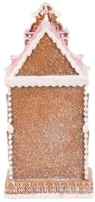 Vianočná dekorácia Perníková vežička s ružovou strechou, polyresin, LED, hnedá