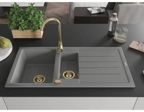 Mexen Andres, granitový drez 1000x500x200 mm, 1,5-komorový, šedá so zlatým sifónom a zlatá drezová batéria Telma, 6515-71-670200-50