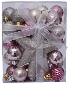 DECOLED Sada ozdôb, 29x 3cm guľa, 1x trblietavý hrot, ružová a strieborná