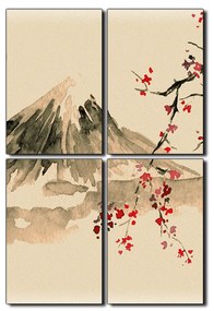 Obraz na plátne - Tradičné sumi-e obraz: sakura, slnko a hory - obdĺžnik 7271FE (90x60 cm)
