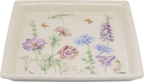Krémový antik keramický podnos s kvetmi Papillon Blossom - 21*21*2 cm