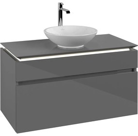 VILLEROY &amp; BOCH Legato závesná skrinka pod umývadlo na dosku (umývadlo v strede), 2 zásuvky, s LED osvetlením, 1000 x 500 x 550 mm, Glossy Grey, B572L0FP