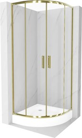 Mexen Rio, štvrťkruhový sprchovací kút s posuvnými dverami 80(dvere) x 80(dvere) x 190 cm, 6mm číre sklo, zlatý profil + biela sprchová vanička RIO, 863-080-080-50-00-4710