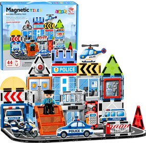 LEAN Toys Magnetické stavebné kocky – Policajná základňa, vozidlá, policajt, 44 dielov