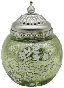 Zelená sklenená svietiaca LED lampáš s kvietkami Balli - Ø 11*15 cm