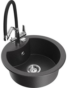 Mexen Diego, 1-komorový granitový drez 488x488x167 mm a drezová batéria Duo, čierna škvrnitá, 6512-76-671701-07