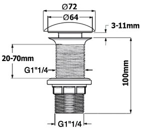 Sapho Sapho, umývadlová výpust 5/4" click-clack, keramická krytka, tl.20-70mm, čierna, 38TP0163I