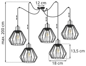 Závesné svietidlo Nuvola Spider 4, 5x čierne drôtené tienidlo, ch