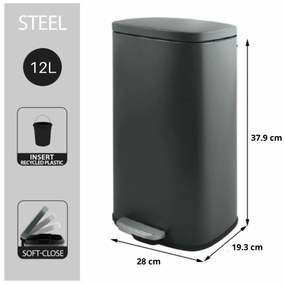 Spirella Akira 12 l odpadkový kôš s pedálom atichým zatváraním, matná sivá farba, 12 l