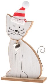 Drevená mačka s rolničkou a pletenou čiapkou, 29 cm