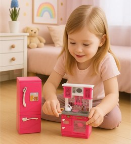 LEAN Toys Kuchynská súprava pre bábiky s chladničkou, rúrou a príslušenstvom, ružová