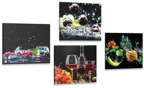 Set obrazov víno a kúsky ovocia na čiernom pozadí - 4x 60x60