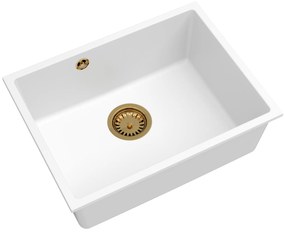 Sink Quality Crypton 60, kuchynský granitový drez 535x400x205 mm + zlatý sifón, biela, SKQ-CRY.W.1KBO.60.XG