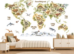 Akvarelová mapa sveta s dinosaurami nálepky na stenu výsledný rozmer 109 x 62 cm