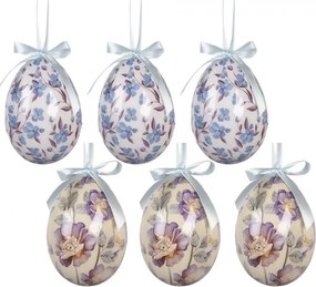 6ks dekorácie biele a béžové závesné vajíčko s kvetmi Spring Egg - Ø 7*10 cm