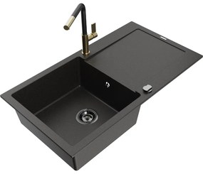Mexen Leo, 1-komorový granitový drez 900x500x190 mm a drezová batéria Flora, čierna-zlatá metalíza, 6501-75-670401-57-B
