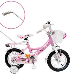 Detský bicykel s pomocnými kolieskami, vodiacou tyčou, košíkom a zvončekom 12 – pre deti od 2,5 do 4 rokov
