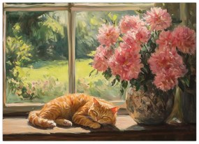 Sklenený obraz - Mačka na okne (70x50 cm)