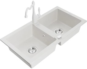 Mexen Mario, granitový drez 820x436x161 mm, 2-komorový a drezová batéria Carla, biela, 6504-20-670700-20