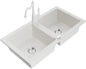 Mexen Mario, granitový drez 820x436x161 mm, 2-komorový a drezová batéria Carla, biela, 6504-20-670700-20