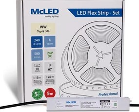 McLED LED páska - sada 5 m, 240 LED/m, WW, 6 W/m, DC 24V, 500 lm/m, CRI90, IP67, 10 mm, vodič 3 m ML-126.034.90.S05001