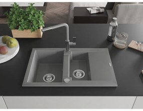 Mexen Gaspar, 1,5-komorový granitový drez 737x475x177 mm a drezová batéria Flora, šedá, 6507-71-670401-06