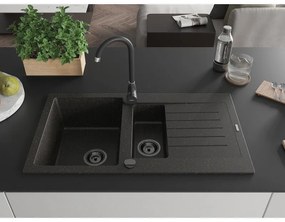 Mexen Matias - drez granitový 900x505x200 mm, 1,5-komorový, čierna-zlatá metalíza s čiernym sifónom, 6502901505-75-B