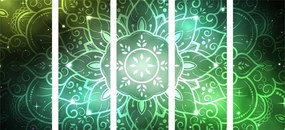 5-dielny obraz Mandala s galaktickým pozadím v odtieňoch zelenej - 200x100