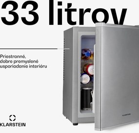 Klarstein Happy Hour 33, minibar, 33 l, 5-15°C, energet. trieda G, tichý, 25 dB, LED svetlo, strieborný