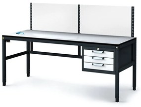 Antistatický dielenský ESD stôl s perfopanelom, 3 zásuvkový box na náradie, 1800x800x745-985 mm