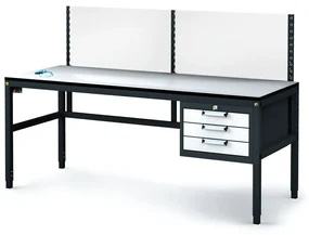 Alfa 3 Antistatický dielenský ESD stôl s perfopanelom, 3 zásuvkový box na náradie, 1800x800x745-985 mm