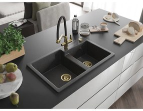 Mexen Tomas, 2-komorový granitový drez 800x500x190 mm  a kuchynská batéria Duo, čierna škvrnitá, 6516-76-671701-57-G