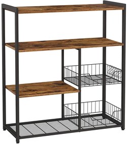 Kuchynský policový stojan, s kovovými košíkmi, 80 x 35 x 95 cm, rustikálne hnedý