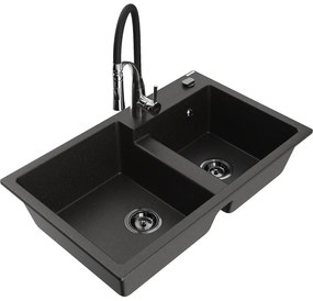 Mexen Tomas, 2-komorový granitový drez 800x500x190 mm a drezová batéria Aster, čierna-zlatá metalíza, 6516-75-73450-07-B