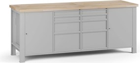 Dielenský pracovný stôl G7, buková škárovka, 2100 x 685 x 840 mm, 2x skrinka, 8 zásuviek, sivá