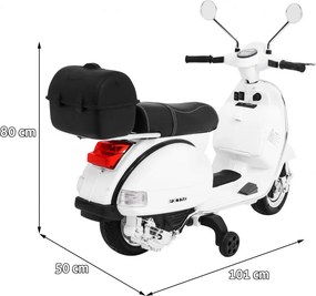 Ramiz Elektrický skúter Vespa pre deti biely + pomocné kolieska + audio + ekokoža + EVA + plynulý štart