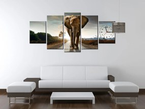 Gario Obraz s hodinami Osamelý silný slon - 5 dielny Rozmery: 150 x 105 cm