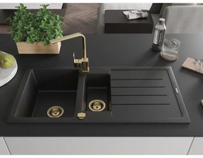 Mexen Andres, granitový drez 1000x500x200 mm, 1,5-komorový, čierna so zlatým sifónom a zlatá drezová batéria Rita, 6515-77-670300-50