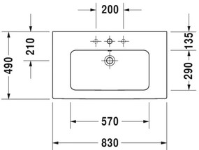 Duravit ME by Starck - Umývadlo 830x490 mm, 3 otvory pre batériu prepichnuté, biela 2336830030