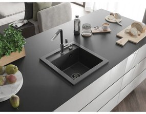 Mexen Vito, 1-komorový granitový drez 490x520x210 mm a drezová batéria Flora, čierna škvrnitá, 6503-76-670401-07-B