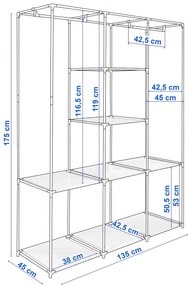 Šatníková skriňa SONIA s 8 policami a sivým závesom