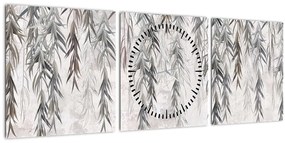 Obraz - Vŕbové vetvičky v šedej omietke (s hodinami) (90x30 cm)